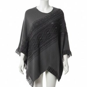 Anthropologie‎ Sleeping on Snow Gray Cable Knit Fringe Poncho Sweater Wrap XS/S